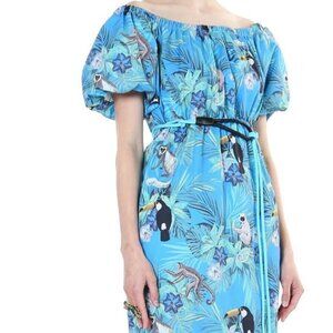 Tropical Jungle Off-Shoulder Midi Dress in Sky Blue